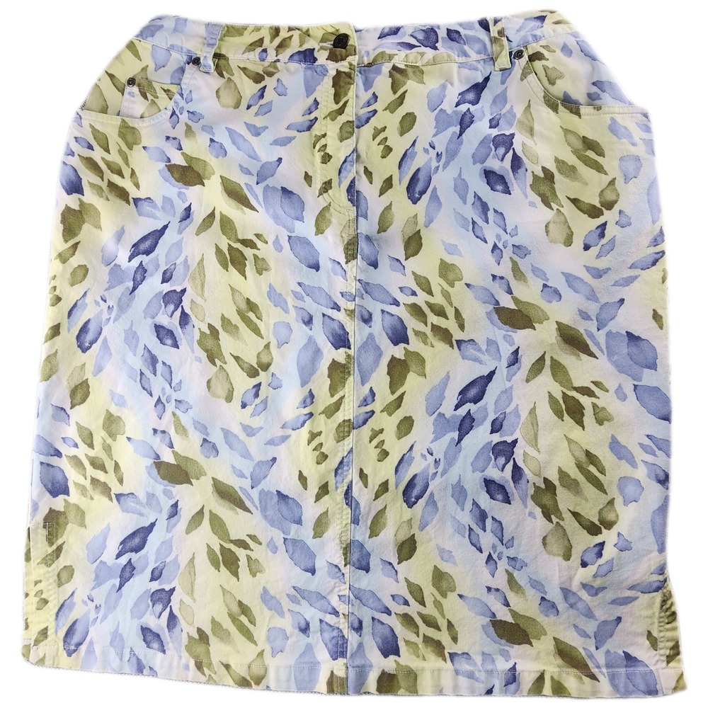 Talbots Woman Womens Skirt 14W Blue Green Watercolor Leaf Print Office